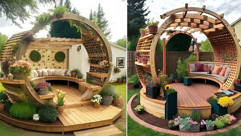 Enhance Your Outdoor Space with a Round Garden Pergola: Seating and Planters on Deck