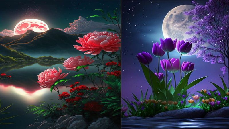 Mesmerizing flowers in the moonlight creating a magical symphony of hues.