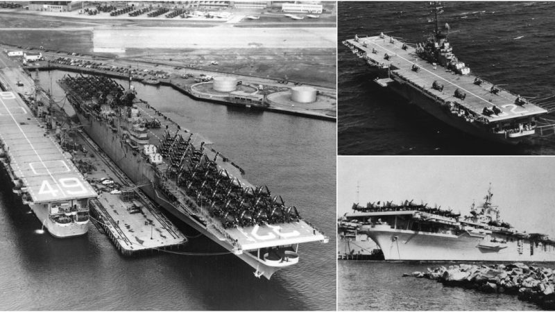 Historic Naval Giants: The USS Leyte (CV-32) and USS Wright (CVL-49) Docked at Quonset Point, 1950