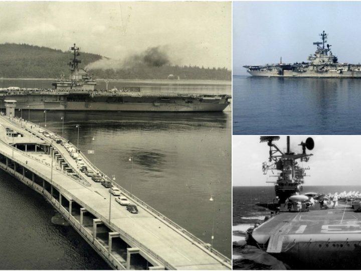 USS Bon Homme Richard (CVA-31) transits the Hood Canal Bridge, which opened August 12, 1961.